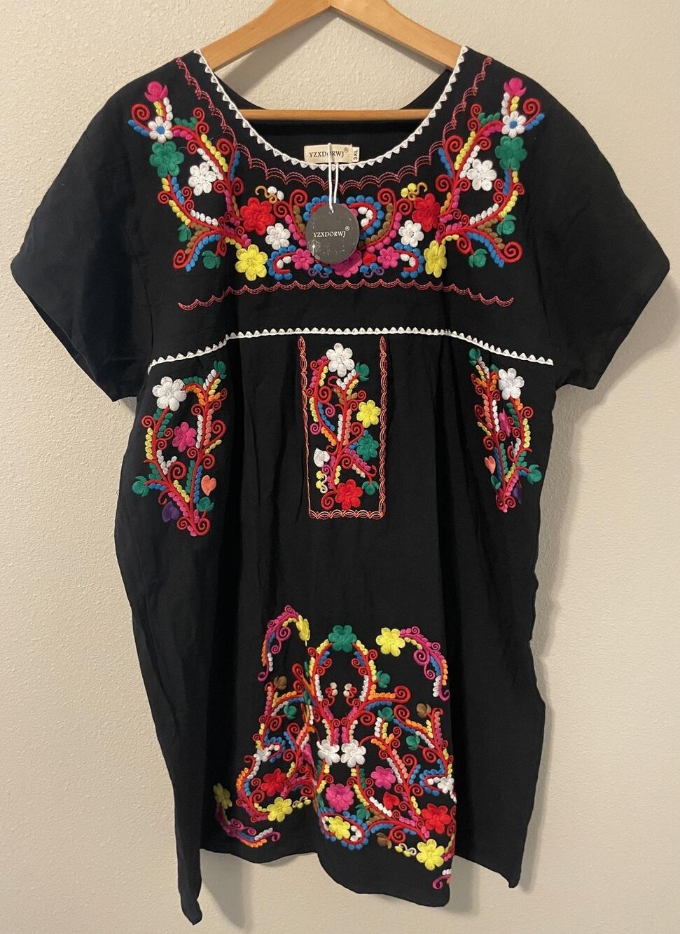 YZXDORWJ Dress Womens 3XL Black Mexican Floral Embroidered Shift Artsy Boho NEW